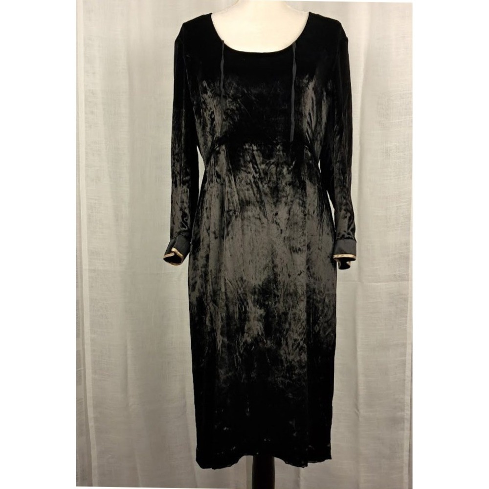Ports 1961 12 Black Crushed Velvet Silk Lined Midi Dress Silk Trim Cuffs Gothic